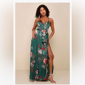 Lulu's Still The One Emerald Green Floral Print Maxi Dress Size XS